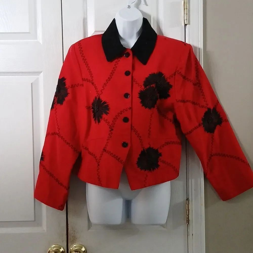 Anage Vintage Red Black Embellished embroidered Blazer Jacket Sz XL NWOT